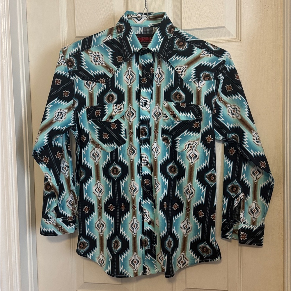 Geometric Patterned Button Down Shirt - Teal and Black. Girls or boys.